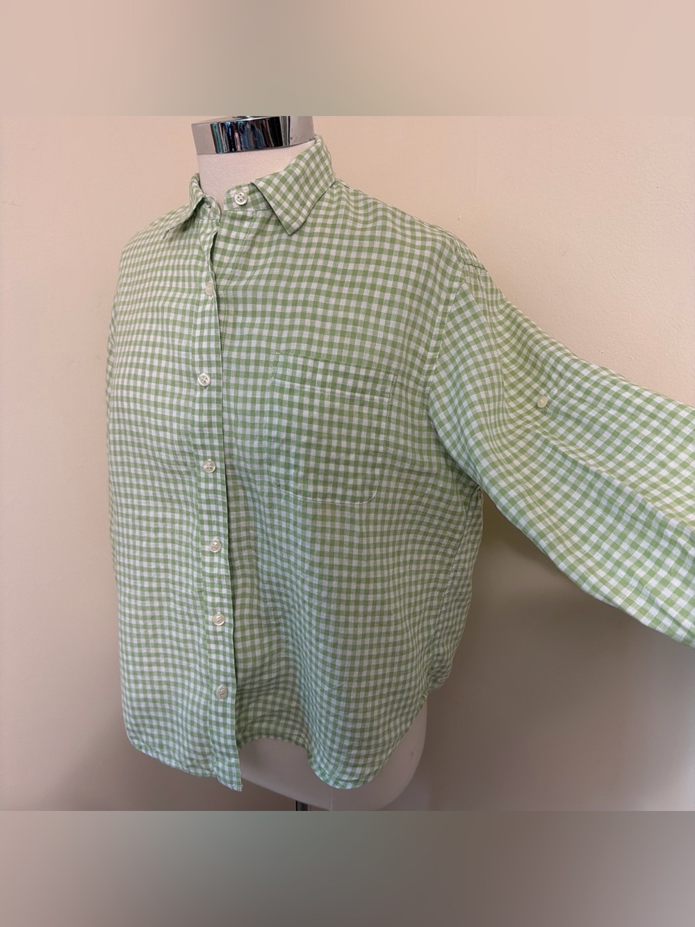 Vintage Green and White Gingham Linen Button Up Shirt M-L